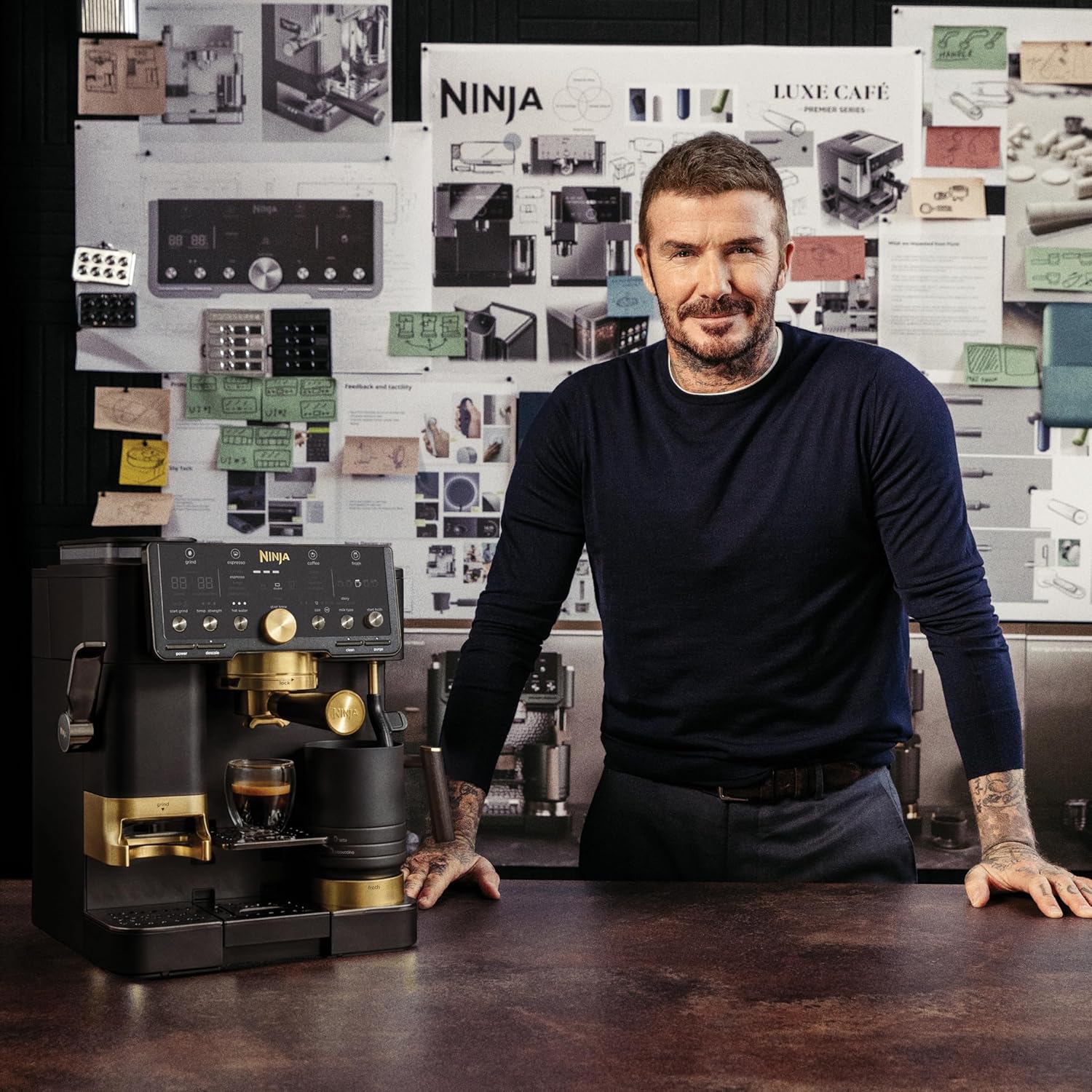 Ninja Luxe™ Café Pro designed by David Beckham, Espresso Machine, Drip Coffee, Cold Brew, Hot Water, Integrated Tamper, Built-in Grinder, Hands-Free Frother for Lattes & More, Black/Gold, ES771BK