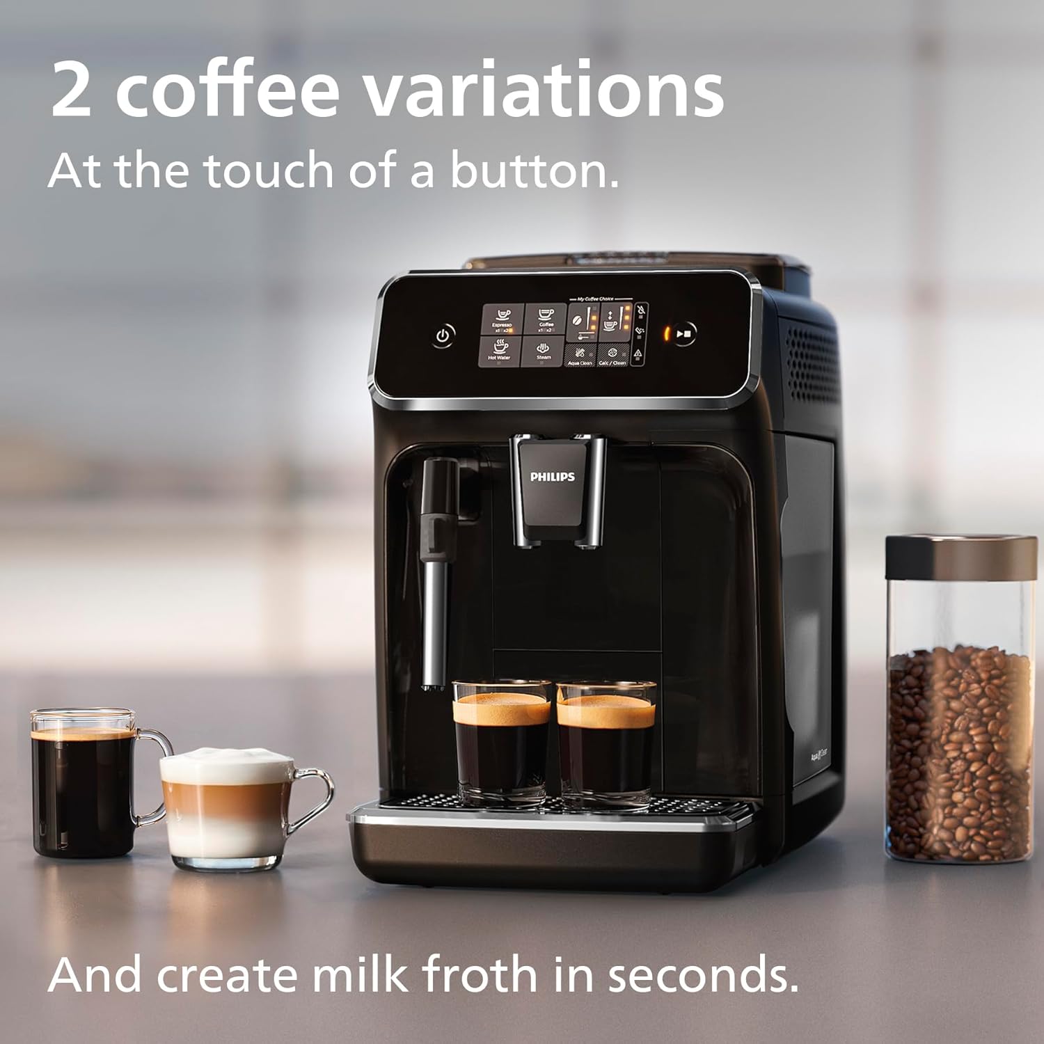 Philips 2200 Series Fully Automatic Espresso Machine - 2 Coffees, Touch Display, Classic Milk Frother, Ceramic Grinder, Matte Black (EP2220/10)