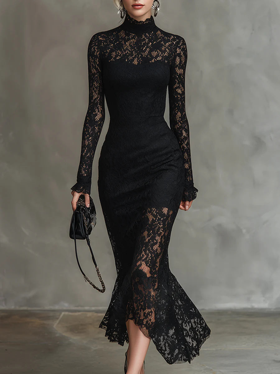 Elwira | Elegancka czarna maxi sukienka z koronką